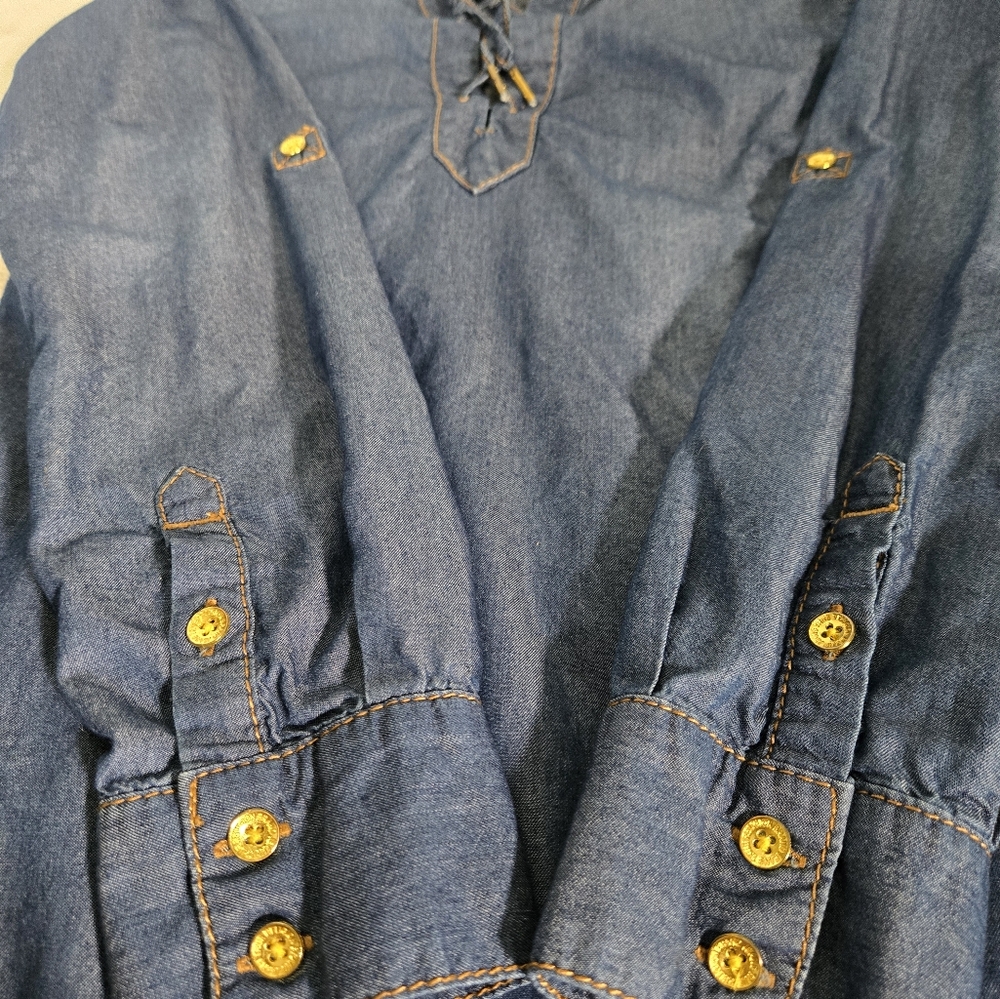 True Religion Lace up Denim Chambray Dress in Fossil Silk Color size Small EUC - Picture 6 of 13